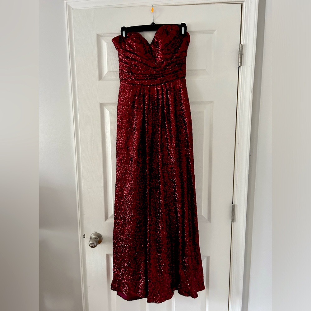 Red strapless sequin bridesmaid dress- Sorella Vita Style 8834 in Crimson size 8